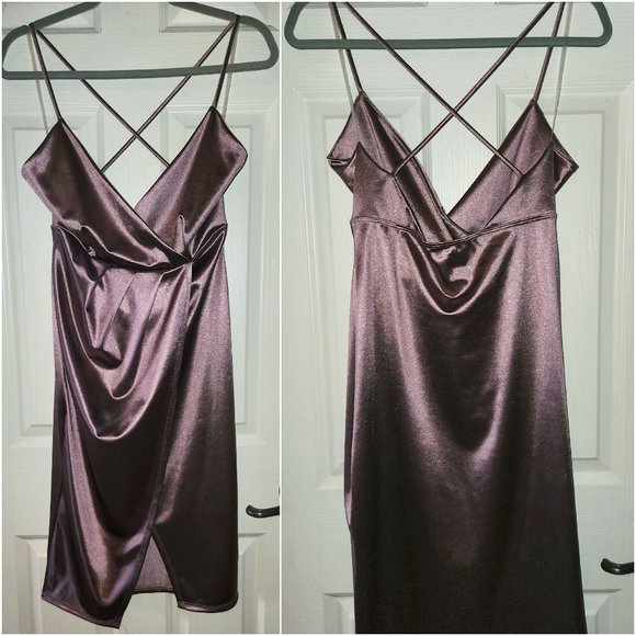 PURPLE OR MAUVE SATIN MIDI DRESS - Picture 1 of 3